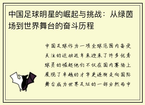 中国足球明星的崛起与挑战：从绿茵场到世界舞台的奋斗历程
