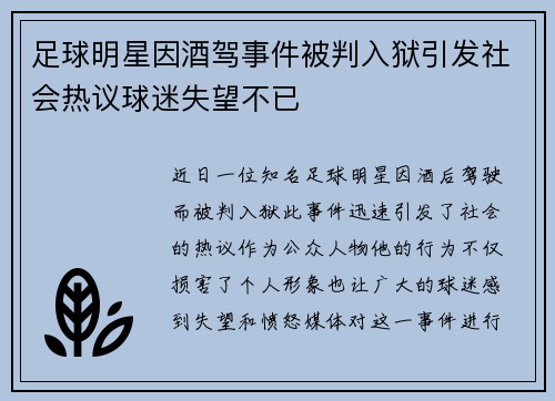 足球明星因酒驾事件被判入狱引发社会热议球迷失望不已